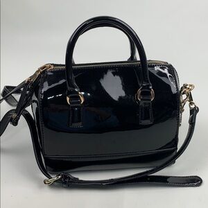 Black Shiny Patent Leather Handbag Crossbody Strap Gold Zip Purse Charm lined